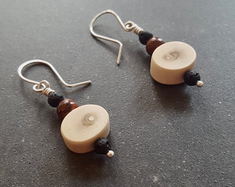 Dangling earrings, wood twig slices with lava and mahogany obsidian beads, one of a kind, handcrafted