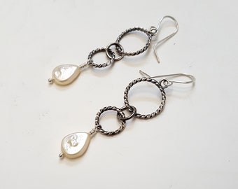 Earrings, handcrafted, double dangling silver circles with freshwater pearls