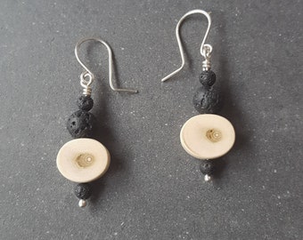 Dangling earrings, wood twig slices with lava beads, one of a kind, handcrafted