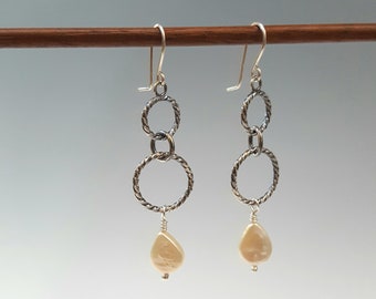 Earrings, handcrafted, double dangling silver circles with freshwater pearls