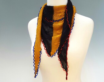 Black gold silk triangular knitted scarf with blue and red seed bead edging