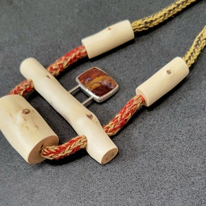Hand made necklace, natural materials, wood, botanically dyed, fiber, knitted, jasper, silver