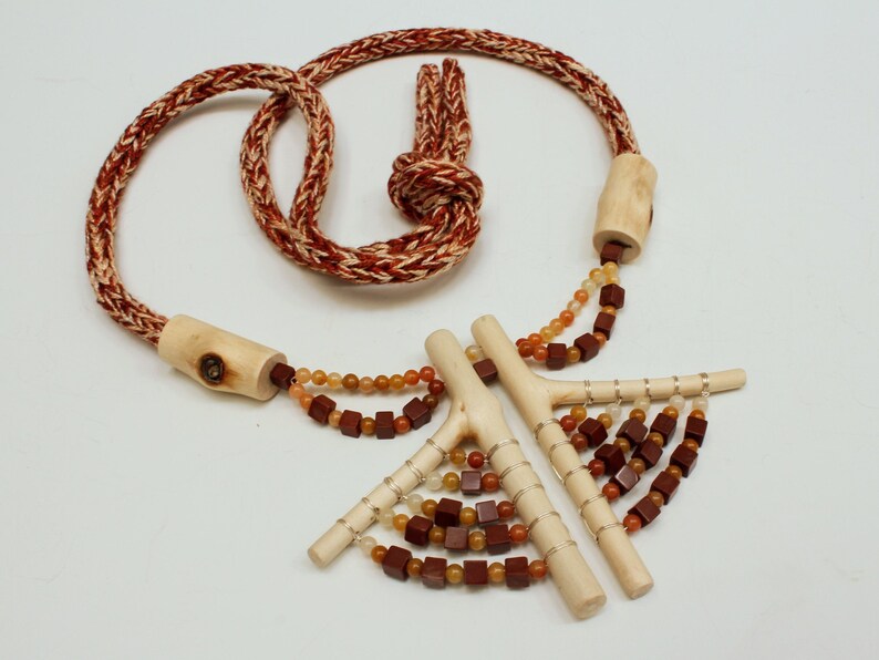 Necklace, maple twigs, cotton thread, red jasper and agate beads, and silver, one of a kind, handcrafted image 2