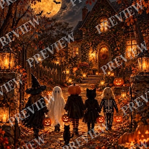 May include: Five children in Halloween costumes walk up a stone path towards a lit house under a full moon. The group includes a witch, a ghost, a pumpkin-headed figure, a black cat, and a skeleton. They carry jack-o'-lanterns amidst autumn leaves.