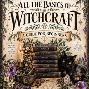 Può includere: Una copertina di libro intitolata All the Basics of Witchcraft: A Guide for Beginners, che mostra una pila di libri etichettati Spells, Crystals, Herbs, The Moon, Tarot, Rituals e Manifestation, un gatto nero, una candela accesa, cristalli e un mortaio.