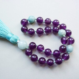 Mini Mala Beads Mint Amazonite /& Rose Quartz 27 Prayer Beads Knotted Coral Tassel Heart Chakra Yoga Meditation Moss Agate Guru