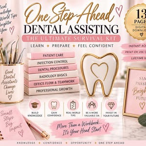 Op de afbeelding: Een digitale 13-pagina tellende survivalgids voor tandartsassistenten met een stapel roze boeken met de titels Patient Care, Infection Control, Dental Procedures, Radiology Basics, Office Flow en Professional Growth, naast een tandvormig decoratieobject.