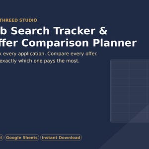 May include: A digital job search tracker and offer comparison planner by Northreed Studio. The dark blue graphic features white text, a grid chart with colored dots, a bar graph icon, and labels for Excel, Google Sheets, and Instant Download.