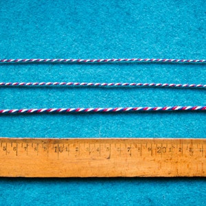 Pu&ograve; includere: Tre lunghezze di cordoncino ritorto rosso, bianco e blu sono disposte su una superficie blu. Un righello di legno con segni in pollici &egrave; posizionato sotto i cordoncini.