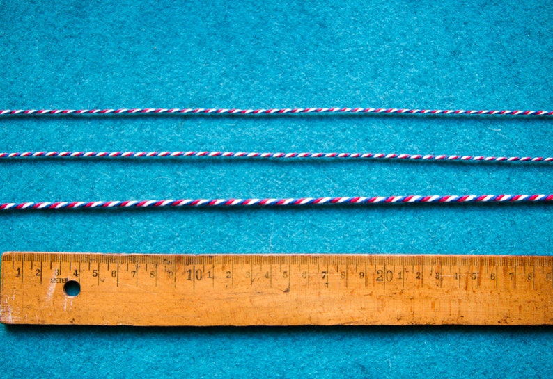 Pu&ograve; includere: Tre lunghezze di cordoncino ritorto rosso, bianco e blu sono disposte su una superficie blu. Un righello di legno con segni in pollici &egrave; posizionato sotto i cordoncini.