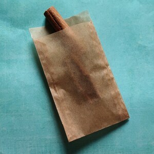May include: A brown paper bag with a cinnamon stick inside. The bag is on a teal blue surface.