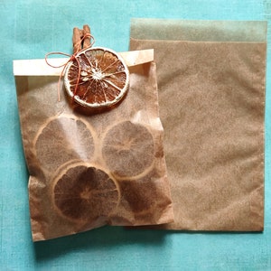 May include: Two brown paper bags with dried orange slices inside. The bags are tied with twine and a cinnamon stick.