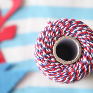 Pu&ograve; includere: Un rotolo di spago da fornaio rosso, bianco e blu. Lo spago &egrave; avvolto attorno a un tubo di cartone.