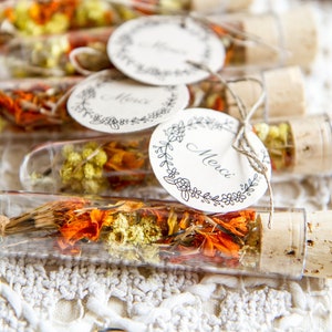 Provette con fiori secchi per regali per invitati a nozze, battesimi, segnaposto