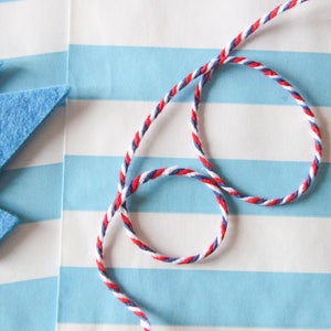 Pu&ograve; includere: Spago da fornaio rosso, bianco e blu su uno sfondo a strisce blu e bianco.