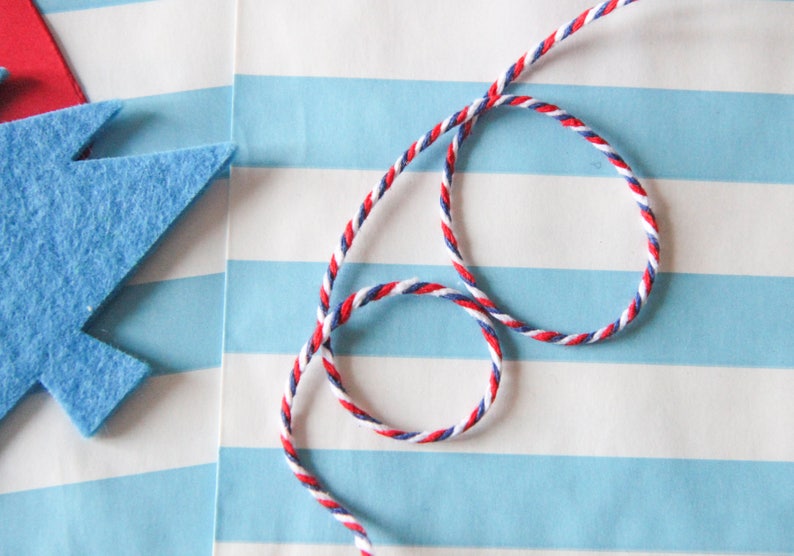 Pu&ograve; includere: Spago da fornaio rosso, bianco e blu su uno sfondo a strisce blu e bianco.