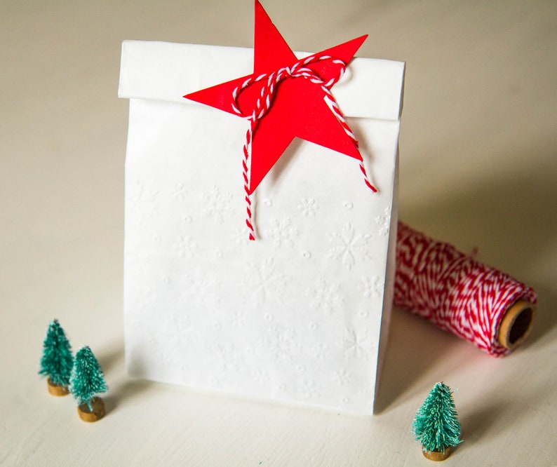 Sacchetti regalo con motivo fiocchi di neve, sacchetti a soffietto per Natale immagine 7