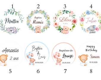 Etiquettes personnalisées animaux pour baptême, naissance, fête enfant 12 étiquettes par lot