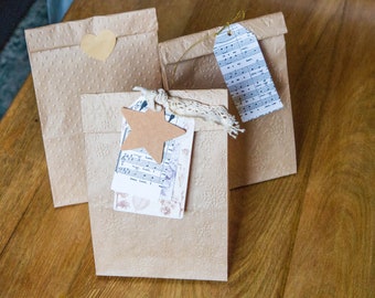 Brown embossed kraft paper bags.