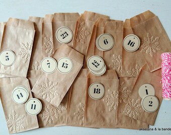 Kit for Advent Calendar, Christmas decoration (kraft brown), paper bags, chevrons bags, xmas bags