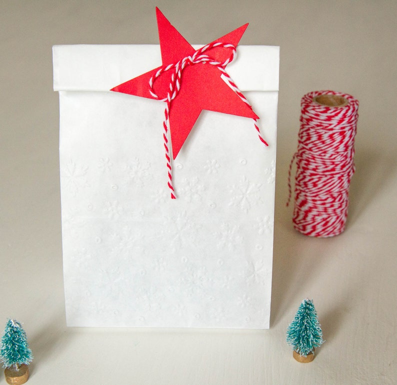 Sacchetti regalo con motivo fiocchi di neve, sacchetti a soffietto per Natale immagine 2