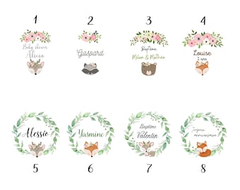 Personalized animal labels for baptism, birth, children's party Set of 12