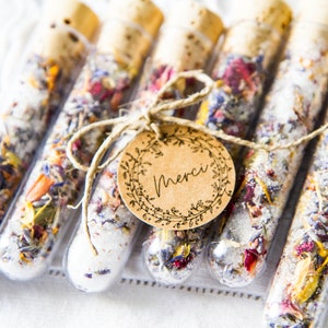 Provette con fiori secchi e sale Epsom per regali per gli ospiti, matrimonio, battesimo