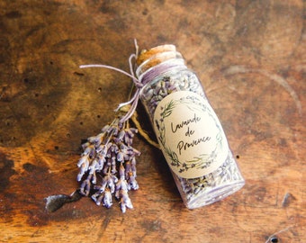 Vial de vidrio lleno de lavanda de Provenza, lavanda en miniatura