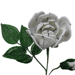 French Glass Beaded White Rose Stem (Large) Flower