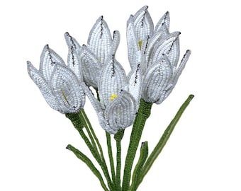 French Glass Beaded White Tulip Flower Bouquet