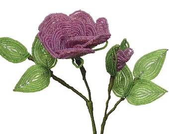 French Glass Beaded Light Pink Rose & Bud Flower