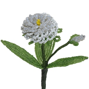 White Zinnia with Yellow Center French Beaded Flower