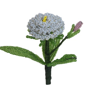 White Zinnia with Pink Bud French Glass Beaded Flower
