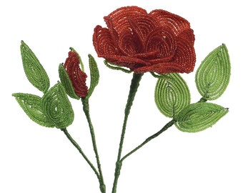 French Glass Beaded Orange Rose & Bud Flower