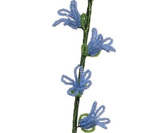 May include: A blue and green beaded flower stem with multiple blue flowers and green leaves.