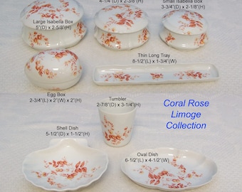 French Limoges "Coral Rose" Dresser Tray, Trinket Box, Egg Box,  Isabella Box, Shell & Oval Dish, Tumbler Cup