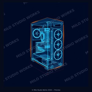 May include: A digital wireframe illustration of a computer tower case featuring internal components like fans and hardware bays. The design uses blue lines on a dark background with orange highlights and the text MILO STUDIO WORKS.