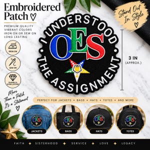 May include: A circular black embroidered patch featuring the text I UNDERSTOOD THE ASSIGNMENT in white, with the letters OES in blue, green, and red. A five-pointed star emblem sits below the letters. The patch measures 3 inches in diameter.