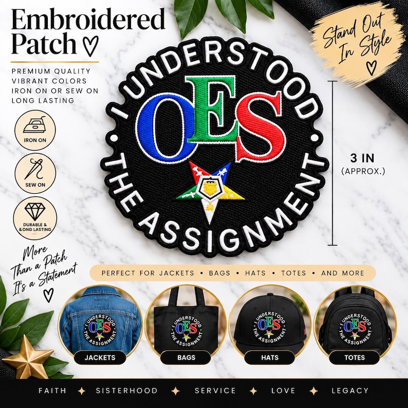 May include: A circular black embroidered patch featuring the text I UNDERSTOOD THE ASSIGNMENT in white, with the letters OES in blue, green, and red. A five-pointed star emblem sits below the letters. The patch measures 7.62 cm in diameter.