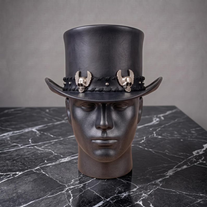 Black Leather Gothic Top Hat, Steampunk Victorian Skull Band, Men's ...
