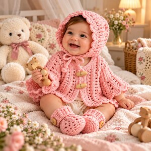 Op de afbeelding: Een lichtroze gehaakte babyset bestaande uit een vest met capuchon met twee houten toggle-knopen, bijpassende slofjes met kleine houten knoopjes en een schulprand. Het kledingstuk heeft overal een gestructureerd breipatroon.