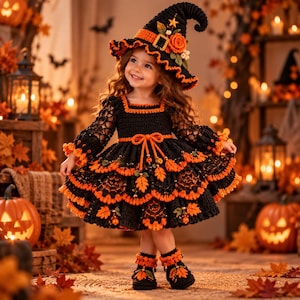 May include: A black and orange crocheted dress featuring a layered skirt with leaf motifs, long sleeves, and a matching pointed witch hat adorned with a buckle and floral accents, paired with coordinating crocheted booties with leaf details.