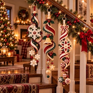 May include: Three hanging Christmas ornaments featuring intricate crochet work in red, white, and green. The first displays a large snowflake, the second features a bell, and the third showcases a star-shaped flower, all accented with beads.