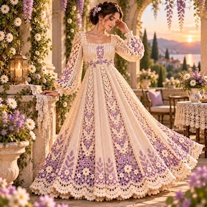 May include: A floor-length cream-colored crochet dress featuring long puff sleeves, a square neckline, and an intricate pattern of purple floral motifs and leaf designs integrated into the skirt and bodice with a scalloped hemline.