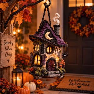 May include: A crocheted hanging house decoration featuring a purple roof with a crescent moon, a chimney with white smoke, a dark door, and lit windows. The structure is adorned with small colorful foliage and a hanging black spider ornament.