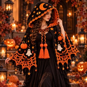 May include: A black and orange crochet hooded cape featuring a crescent moon, star motifs, and a cat eye design on the hood. The garment is decorated with dangling crocheted pumpkins, white ghosts, and spider web patterns with orange tassels.