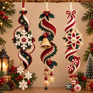 3-in-1 Christmas Crochet Wind Spinner Pattern PDF, Snowflake Bell Candy Cane Hanging Ornament, Holiday Decor, Instant Download
