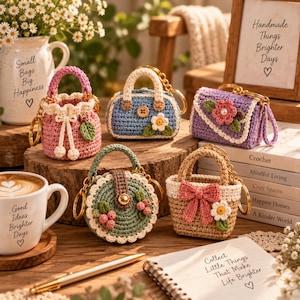 May include: Five miniature crochet bags designed as keychains, featuring various shapes and colors including pink, blue, purple, green, and tan. Each bag is adorned with small details like flowers, bows, or leaves, and includes a gold metal keyring.