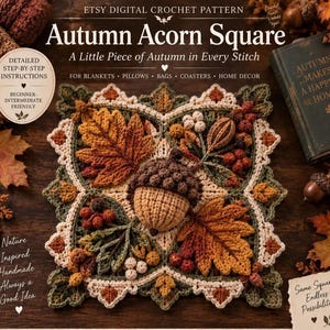 Patrón de ganchillo cuadrado de bellota de otoño, cuadrado de abuela de otoño en PDF, motivo de hoja, bloque de bellota 3D, patrón para manta, almohada y bolso de ganchillo