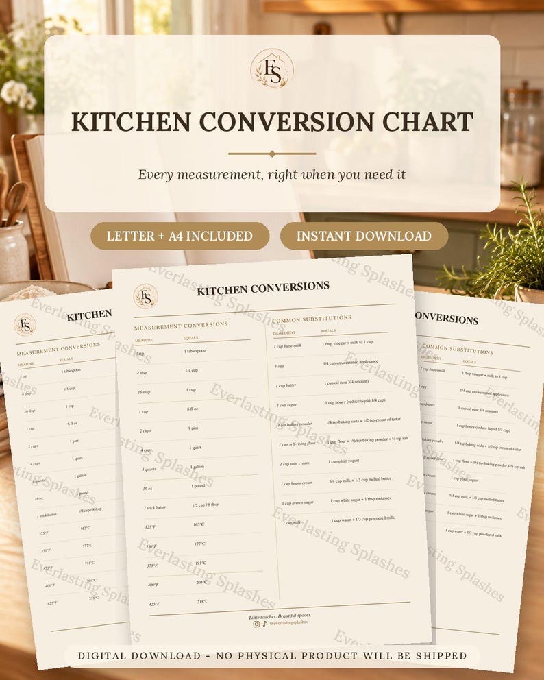 Kitchen Conversion Chart Printable, Cooking Measurement Guide Baking ...
